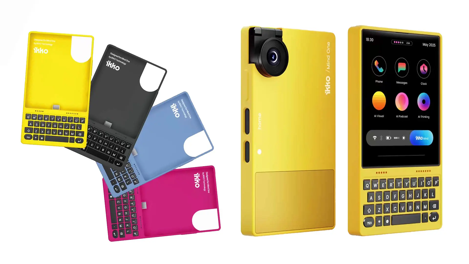 Điện thoại hình vuông này có camera lật, dùng hệ điều hành AI & Android, lắp thêm case bàn phím vào trông như Blackberry sống lại